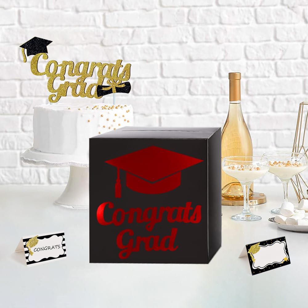 Graduation Card Box Holder, Congrats Grad Foldable Cardboard Decorations Box for Graduation Party Decoration and Grad Parties (Black)