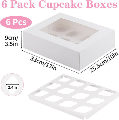Svalor Cupcake Boxes, 6 Pack Disposable Cupcake Containers, Food Grade Cupcake Carrier 12 Count with Window and Inserts, Cupcake Transport Holders Bulk for Muffins Cookies Treats Dessert（White）