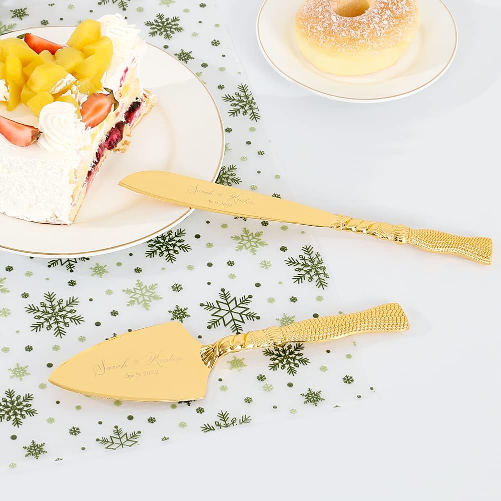 Cake Cutting Set for Wedding, Personalized Gold Cake Knife and Server Set, Custom Cake Serving Set, Engraved Pastry Pie Server Cake Pizza Cutter, Birthday Bridal Gift (F-Classic)