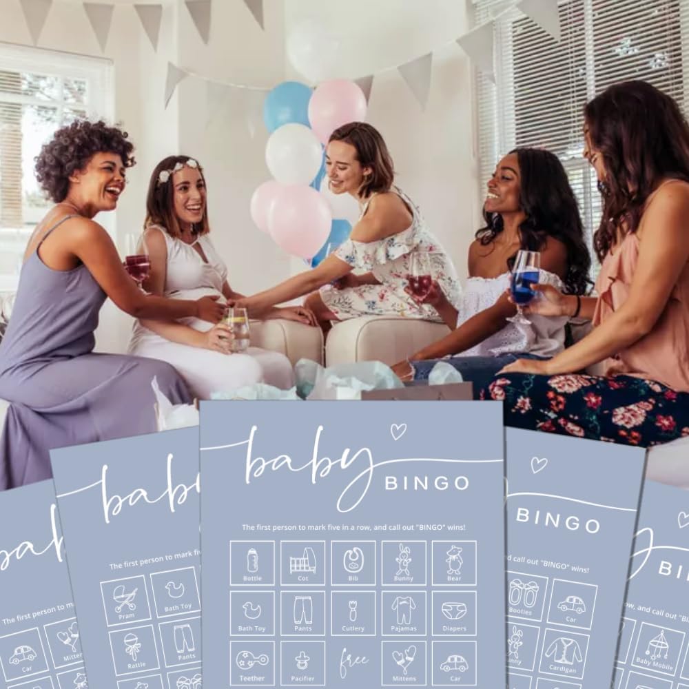 GardenCity Baby Shower Bingo Game for Boy or Girl, Pre-Filled Fun Baby Shower Activity, 50 Cards, Blue