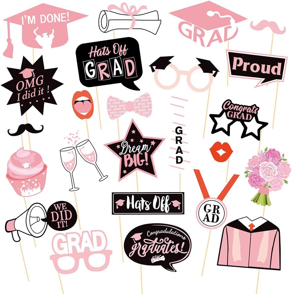 24Pcs 2026 Graduation Photo Booth Props, Pink Funny Class of 2026 Grad Selfie Photobooth Props for High School College Graduation Ceremony Party Decorations Supplies