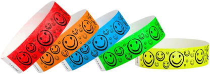 500 WristCo Yellow Smiley Face Tyvek Wristbands for Events - ¾” x 10” - Waterproof Recyclable Comfortable Tear Resistant Paper Bracelets Wrist Bands for Concerts Festivals Admission Party