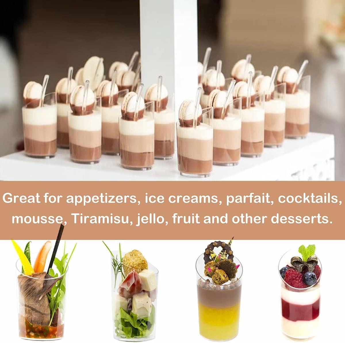 Zezzxu 50 Pack Mini Dessert Cups with Spoons, 2.2 oz Plastic Small Dessert Shotter Cups Slanted Appetizer Cups for Serving Mousse Pudding Triffle