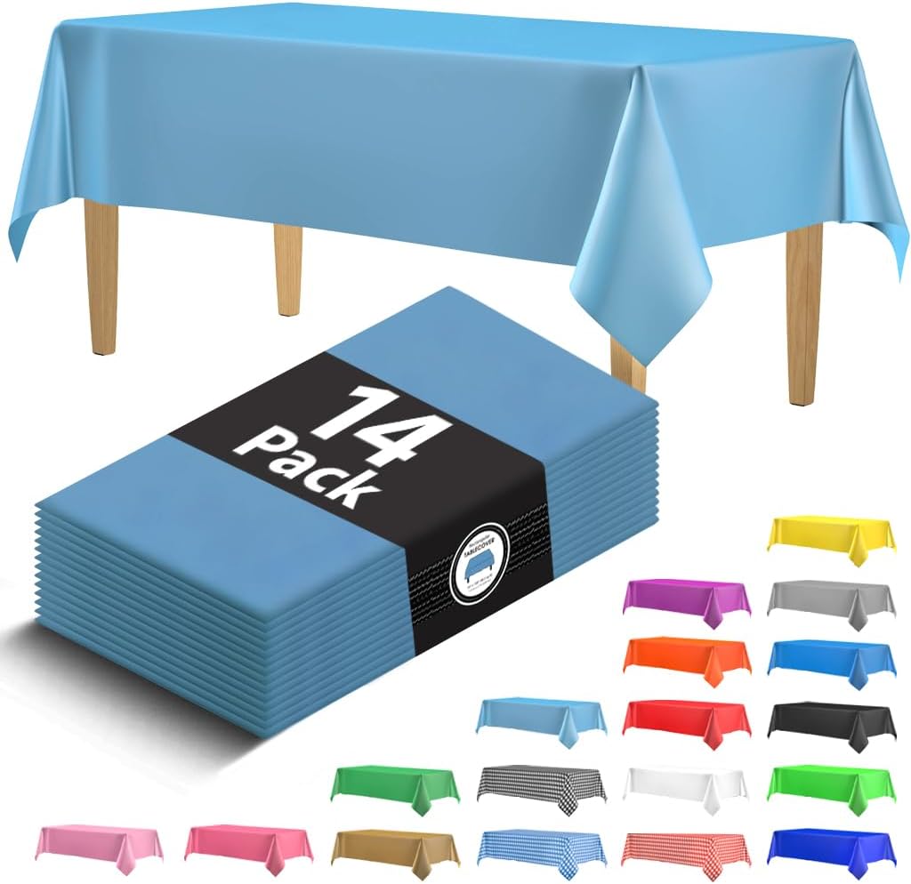 14 Pack Black 54 x 108 in. Rectangle Disposable Plastic Tablecloths - Smooth Decorative Covers for Parties, Weddings