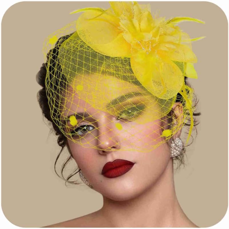 Fascinators Hats for Women Tea Party Hat Feather Mesh Headband Vintage Lace Cocktail Headwear Veil Hair Clip Church