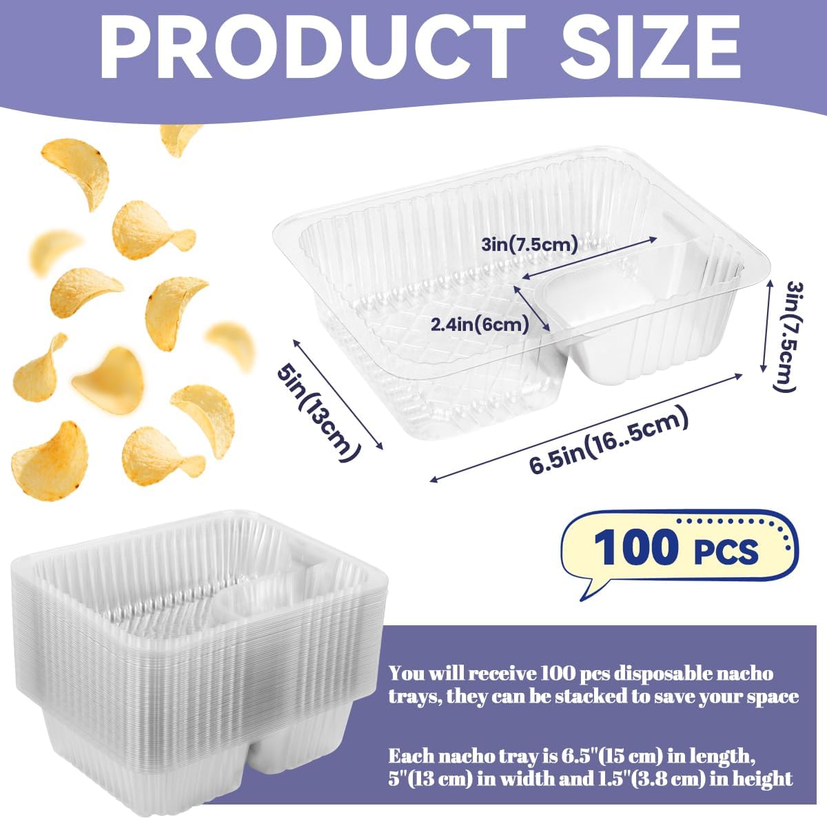 200 Pcs 12oz 6.5''x5'' Plastic Nacho Trays, Small Disposable Tray for Nachos & Cheese Dip, Clear Nacho Containers for Chip, 2 Compartment Movie Night Snack Trays Great for Snacks, Fair Foods