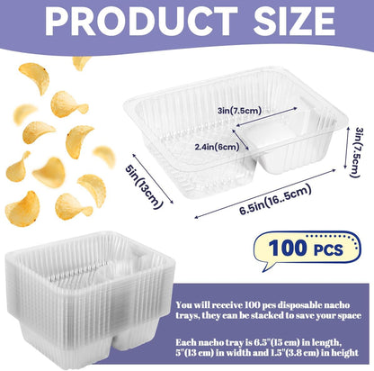 200 Pcs 12oz 6.5''x5'' Plastic Nacho Trays, Small Disposable Tray for Nachos & Cheese Dip, Clear Nacho Containers for Chip, 2 Compartment Movie Night Snack Trays Great for Snacks, Fair Foods