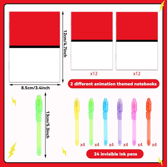 48Pcs Invisible Ink Pen with Anime Themed Notepads Animation Party Favors Spy Pens Magic Marker with Light Red White Video Game Mini Notebook for Birthday Gifts Goodie Bags Stuffers