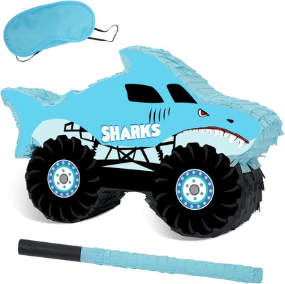 Shark Truck Pinata - Monster Truck Pinata with Blindfold and Bat for Kids Shark Monster Truck Theme Birthday Party Game Decorations (Small Size 16.7”x10.2”x3”)