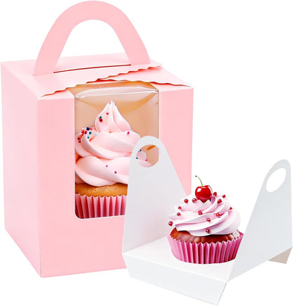 100 Pack Pink Cupcake Boxes Individual with Window, Inserts and Handle, Single Cupcake Containers for Cupcakes, Muffins, Donuts, Cookies, 3.6 x 3.6 x 4.3 Inch