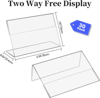 30 PCS Small Acrylic Sign Holder 3.5" x 2", Mini Acrylic Food Sign Labels for Party Buffet, Retail Price Display Holder, Clear Plastic Table Counter Top Stand for Place Cards, Name Card, Wedding Signs