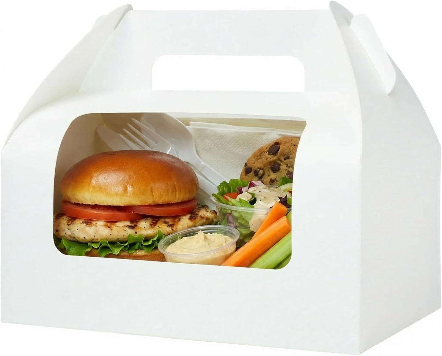 UnicoPak 30 Pack 9x6x6 Gable Boxes, Large White Treat Boxes with Handles, Cardboard Gift Boxes for Party Favors, Lunch, Bakery, Cookies, Picnic, To-Go Food, DIY Gift Packaging