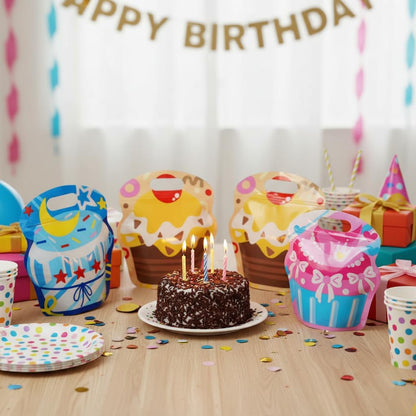 SUNCOLOR Birthday Party Favor Bags, 32 Pack Goodie Bags with Handles, 9.8 x6.7 inches, Pink Blue Yellow White Gift Bags for Kids Parties, Celebrations
