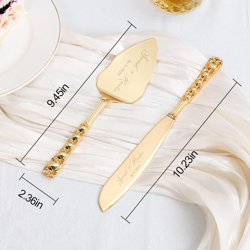 Wedding Cake Knife and Server Set, Personalized Gold Cake Cutting Set for Wedding, Engraved Classic Cake Knives Cutter Set, Pie Server, Birthday Bridal Quinceañera Gift (CUS-Flower)