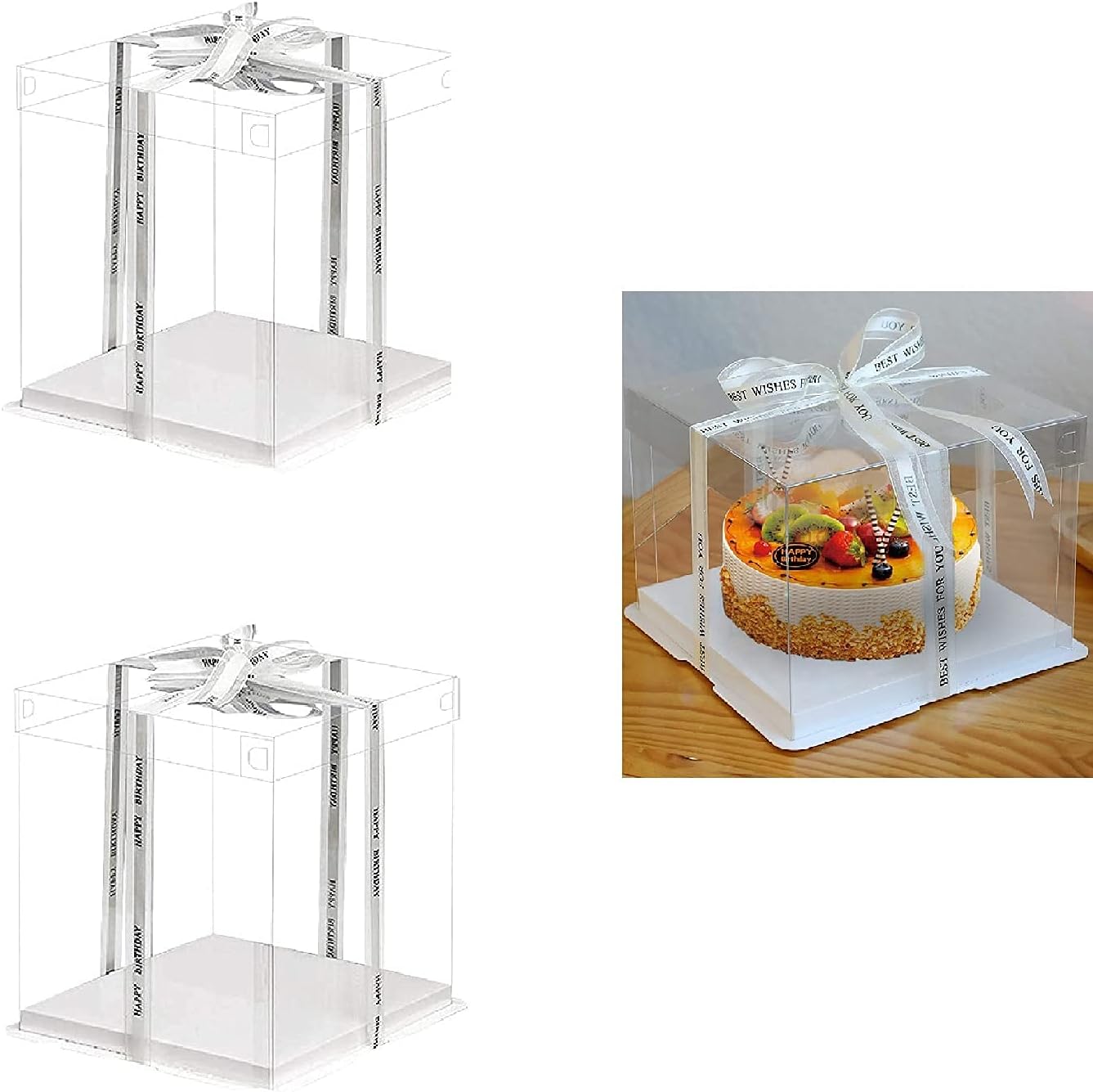10 Inch Clear Cake Box,2 Pcs 10" X 10" X 9" Transparent Cake Box with Ribbon for 8" Cakes-Clear Tall Cake Boxs- Gift Boxes with Lid for Wedding Party and Gift Display (White-2 Set)