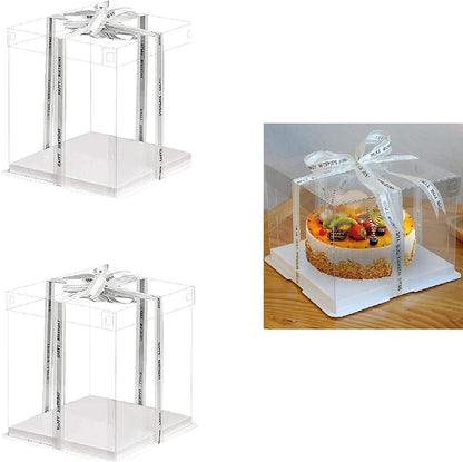 10 Inch Clear Cake Box,2 Pcs 10" X 10" X 9" Transparent Cake Box with Ribbon for 8" Cakes-Clear Tall Cake Boxs- Gift Boxes with Lid for Wedding Party and Gift Display (White-2 Set)