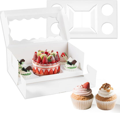 10 Packs Bento Cake and Cupcake Box 3 Holes Fit 2 Cupcakes and 1 Mini Cake Box with Clear Window and Stickers for Cake Cupcake Cookie or Easter and Mother’Day. (1+2/10pcs)