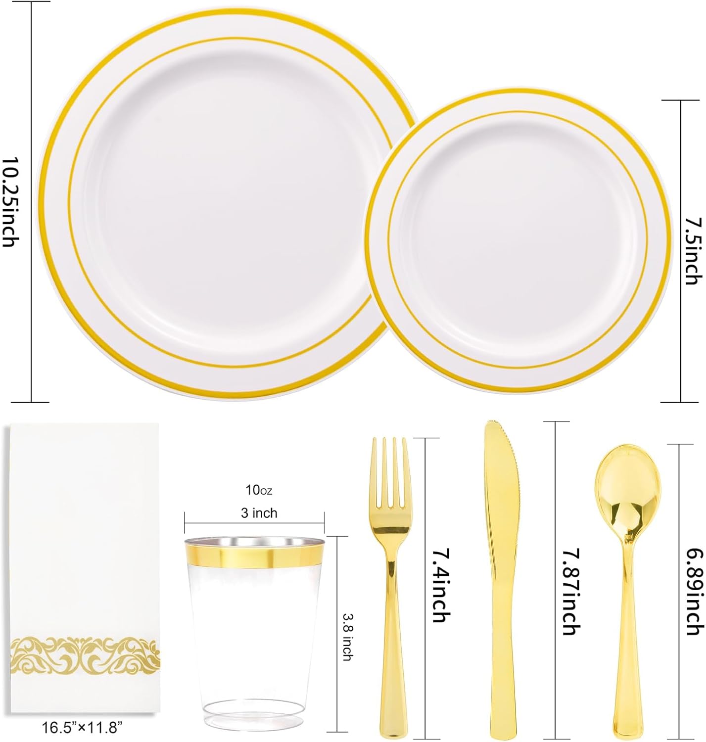 350 Pieces Black and Gold Plastic Plates with Disposable Silverware, Include 50 Dinner Plates 9”, 50 Dessert Plates 6.3”, 50 Black Cups 9 OZ, 50 Pre Rolled Napkins for Wedding Party Graduation