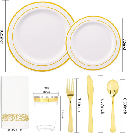350 Pieces Black and Gold Plastic Plates with Disposable Silverware, Include 50 Dinner Plates 9”, 50 Dessert Plates 6.3”, 50 Black Cups 9 OZ, 50 Pre Rolled Napkins for Wedding Party Graduation