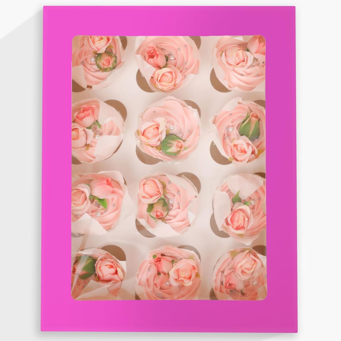 Bakepacker Auto-pop Up Cupcake Boxes with Window White 20PCS 12 Count Cupcake Box 13"x10"x3.5" Cupcakes Carrier, 12 Cupcake Containers with rolls of pink ribbons
