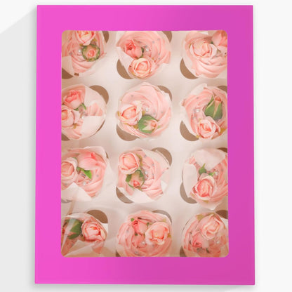 Bakepacker Auto-pop Up Cupcake Boxes with Window White 20PCS 12 Count Cupcake Box 13"x10"x3.5" Cupcakes Carrier, 12 Cupcake Containers with rolls of pink ribbons