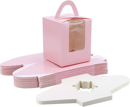 EUSOAR Gold Cupcake Boxes, 25pcs 3.6"x 3.6"x 4.3" Single Cupcake Carrier with Window Insert and Handle, Kraft Pastry Containers, Muffins Cupcake Carriers for Bakery Wrapping Party Favor Packing
