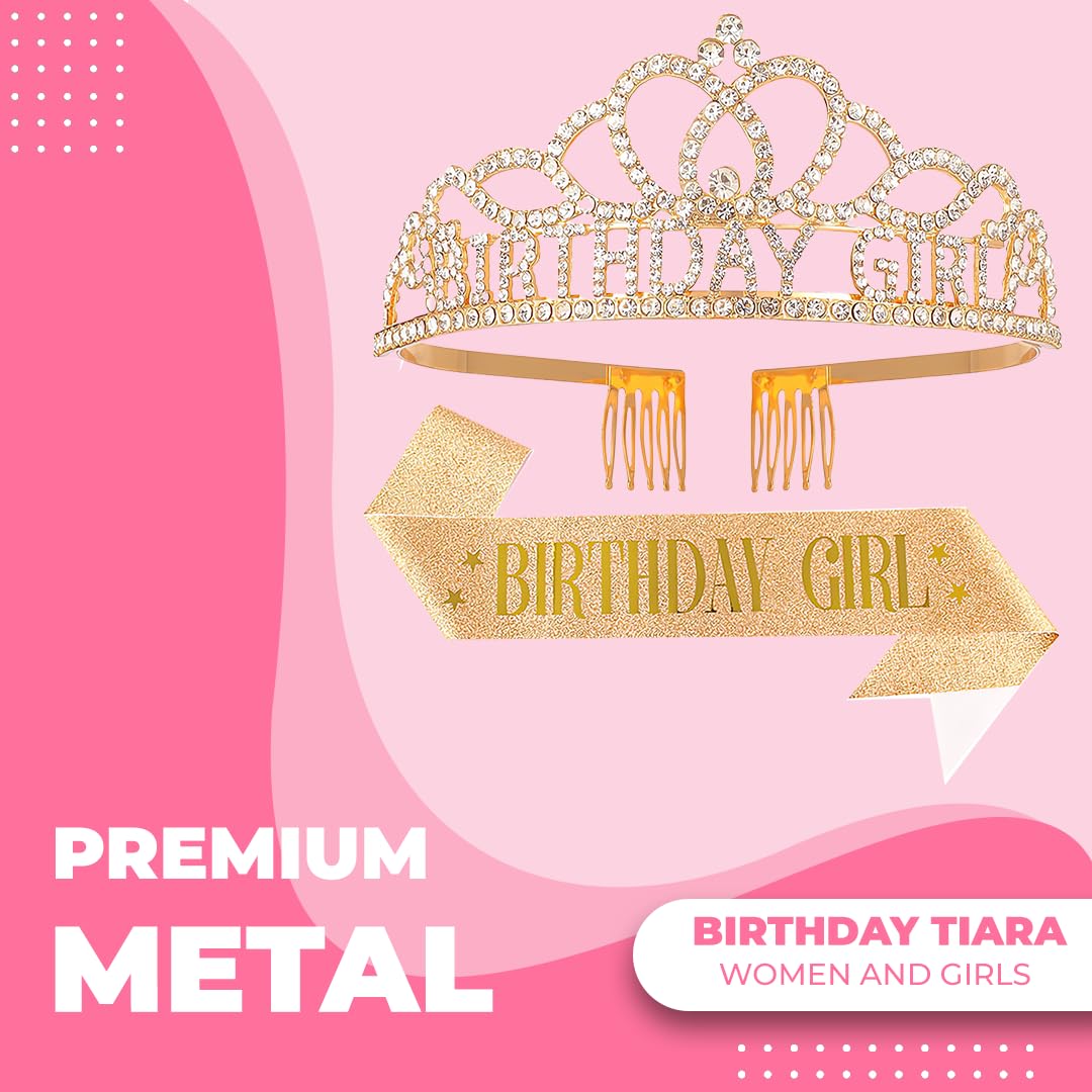Birthday Tiara Crown with Sash for Women, Headband Hair Accessories for Wedding Party Costume
