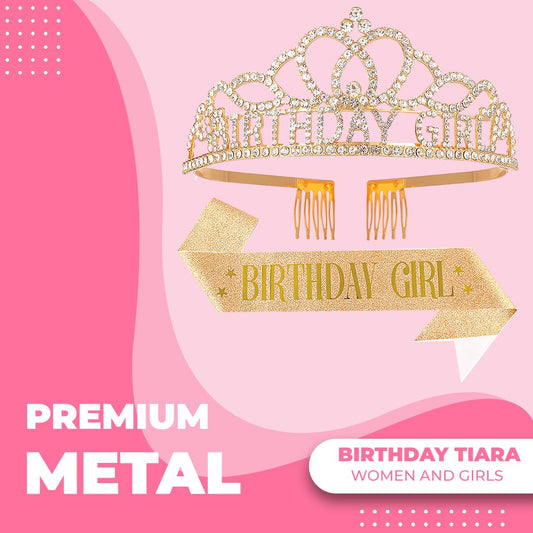 Birthday Tiara Crown with Sash for Women, Headband Hair Accessories for Wedding Party Costume