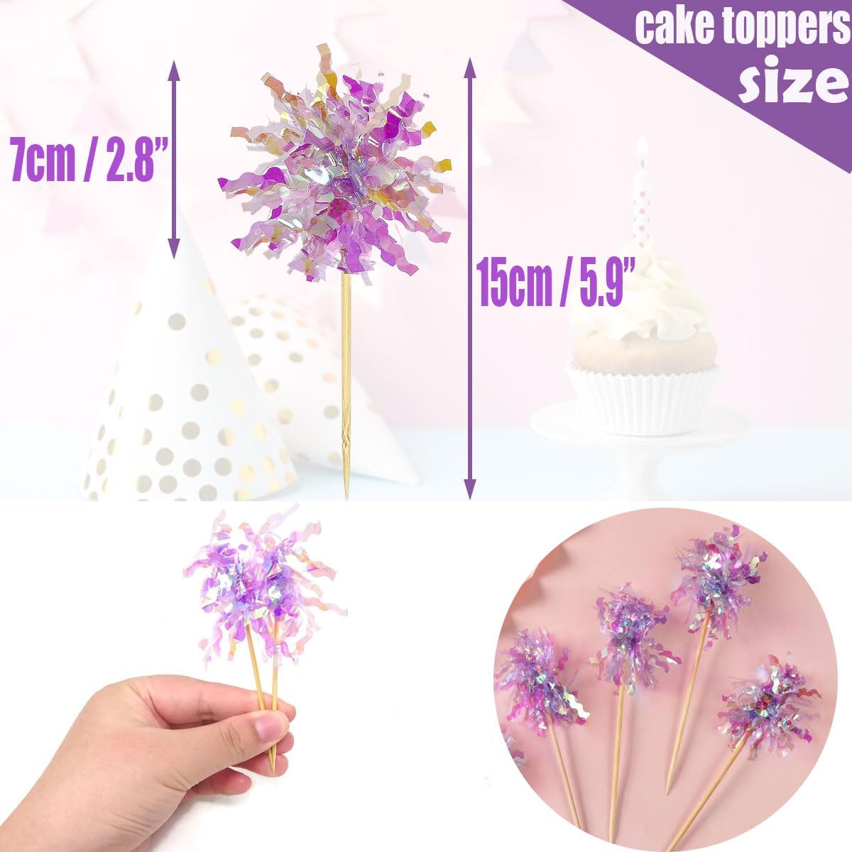 30Pcs Cupcake Toppers, Cake Decorating Kits, Sparkle Tinsel Firework Cake Toppers, Toothpicks Toppers For Baby Shower Diy Birthday Party Wedding Valentine's Day (30pc-Mixed)