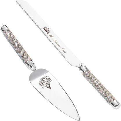ROXBURGH Mis Quince Años Quinceanera Cake Serving and Knife Set, Feliz 15 Anos Decoration, 420 Stainless Steel Silver Cake Cutter and Pie Server Slicer, Rhinestones Studded Handle