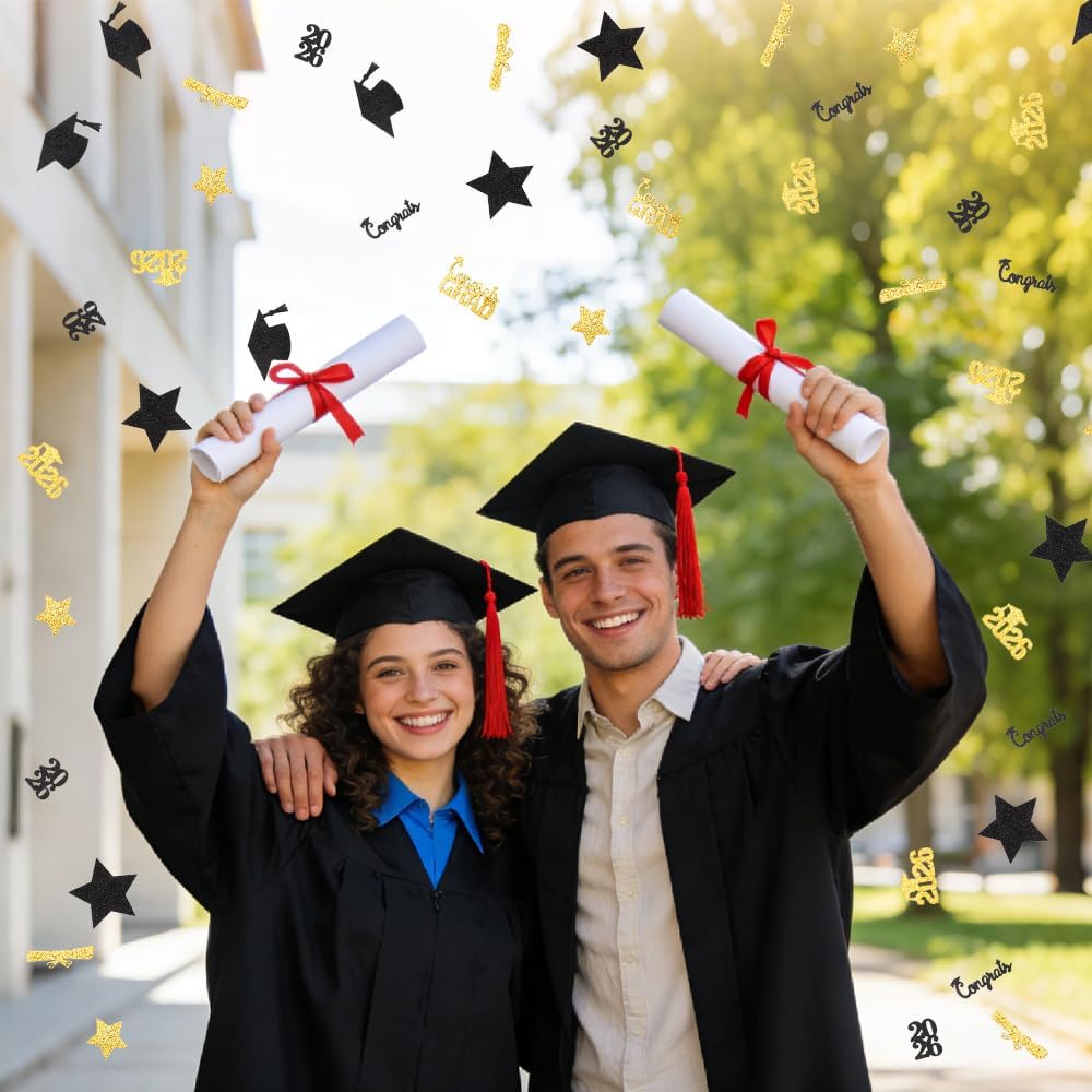 Black Gold Graduation Confetti Class of 2026 Black Graduation Cap, 200Pcs Glitter Stars Confetti Sprinkles, Table Congrats Grad Confetti for Graduation Party Table Decorations