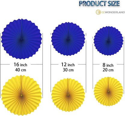 Navy Blue and Yellow Round Party Hanging Paper Fans Decorations Set, Pack of 6