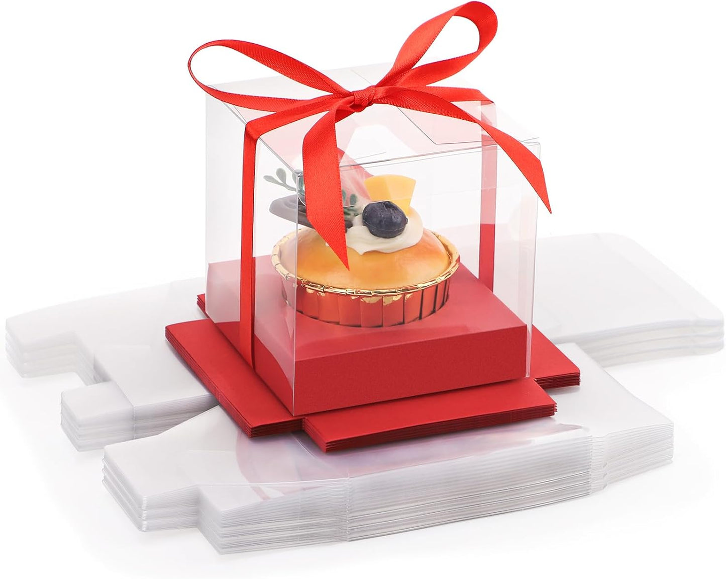 EUSOAR Individual Cupcake Holder, 50pcs 3.5 Inch Plastic Black Cupcake Containers with Lids, Single Transparent Display Clear Cupcake Carrier with Ribbon and Inserts for Wedding Party Favor