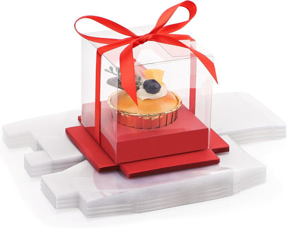 EUSOAR Individual Cupcake Holder, 50pcs 3.5 Inch Plastic Black Cupcake Containers with Lids, Single Transparent Display Clear Cupcake Carrier with Ribbon and Inserts for Wedding Party Favor