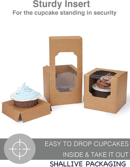100 Pcs Kraft Brown Cupcake Boxes Individual Bulk Paper Cupcake Containers Single with Insert and Window, Pop up Cookie Boxes and Cocoa Bombs Boxes Packaging for Bakery Gift Giving
