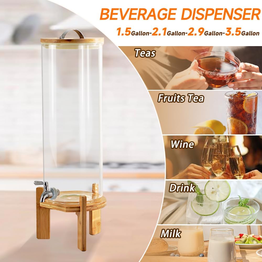 Beverage Dispenser, 1.5 Gallon Glass Drink Dispenser with Stand, Glass water dispenser with Spigot, Large Drink Dispensers for Parties,Bars,Restaurants, 5L