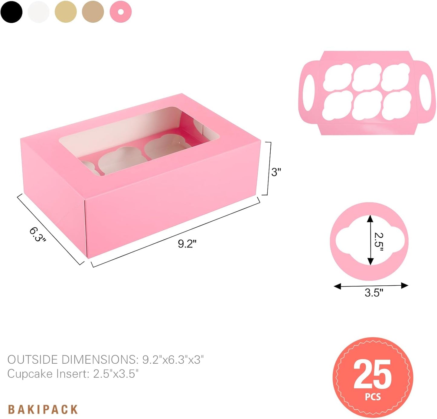 25 Pink Cupcake Boxes, Cupcake Boxes 6 Count with Window and Inserts, Mother's Day Cupcake Holders for Cupcakes, Muffins, Cookies