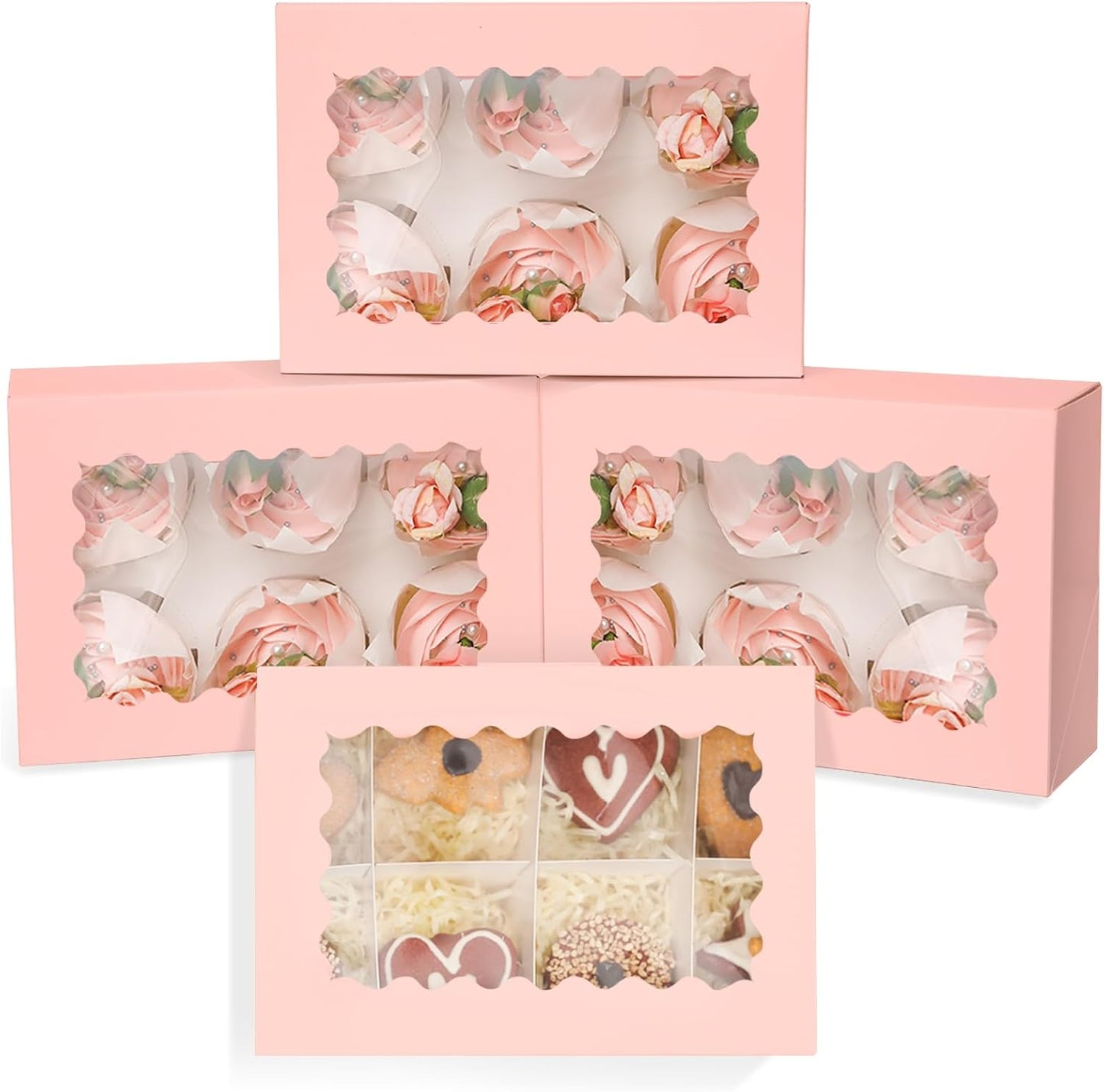 qiqee White 6 Cupcake Boxes with Window Auto-pop up 30 Packs Cupcake Box 9.4"x6.1"x3.3" Bakery Boxes For Cupcakes Carrier, Cupcake Containers