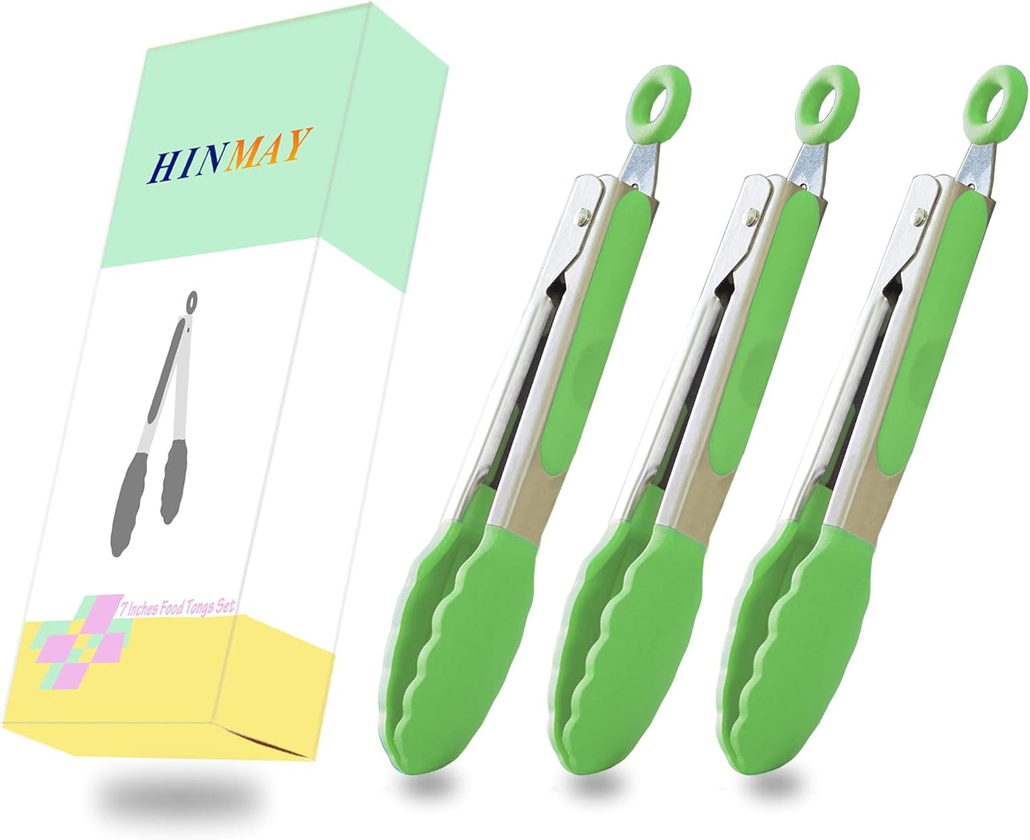 HINMAY Small Silicone Tongs 7-Inch Mini Serving Tongs, Set of 3 (Black Gray White)
