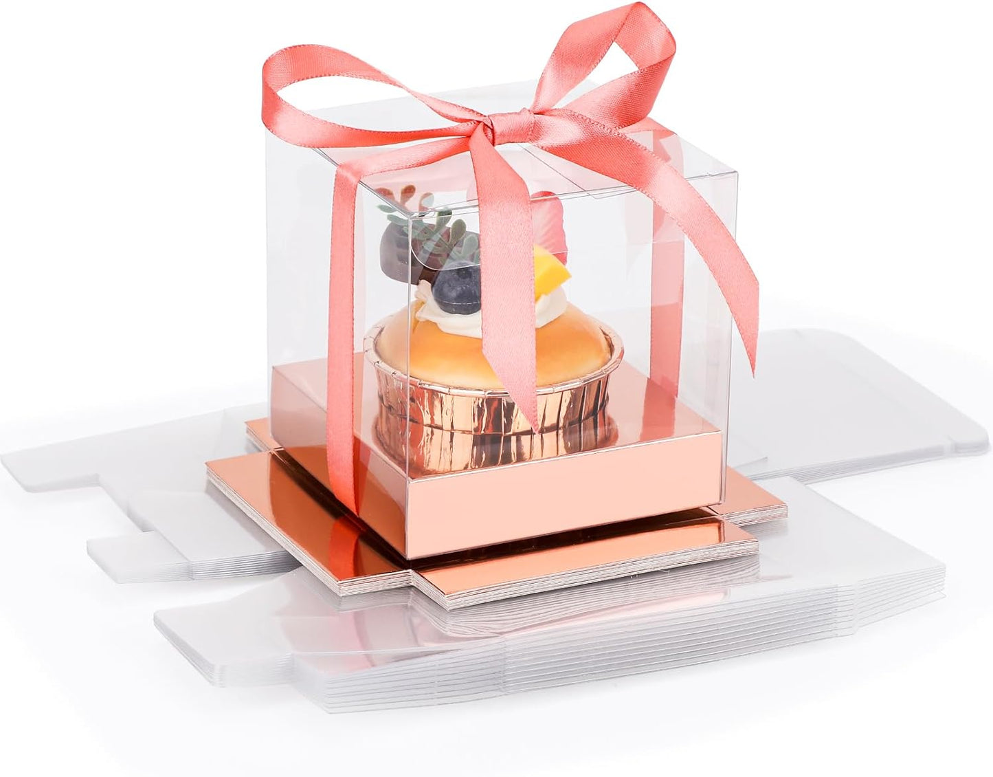EUSOAR Individual Cupcake Holder, 50pcs 3.5 Inch Plastic Black Cupcake Containers with Lids, Single Transparent Display Clear Cupcake Carrier with Ribbon and Inserts for Wedding Party Favor