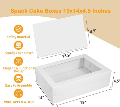 6pcs Cake Boxes with Cake Board, 19x14x4.5 Inches White Bakery Boxes with Large Window for Quarter Sheet Cakes, Donuts, Cupcakes, Pastry & Pies
