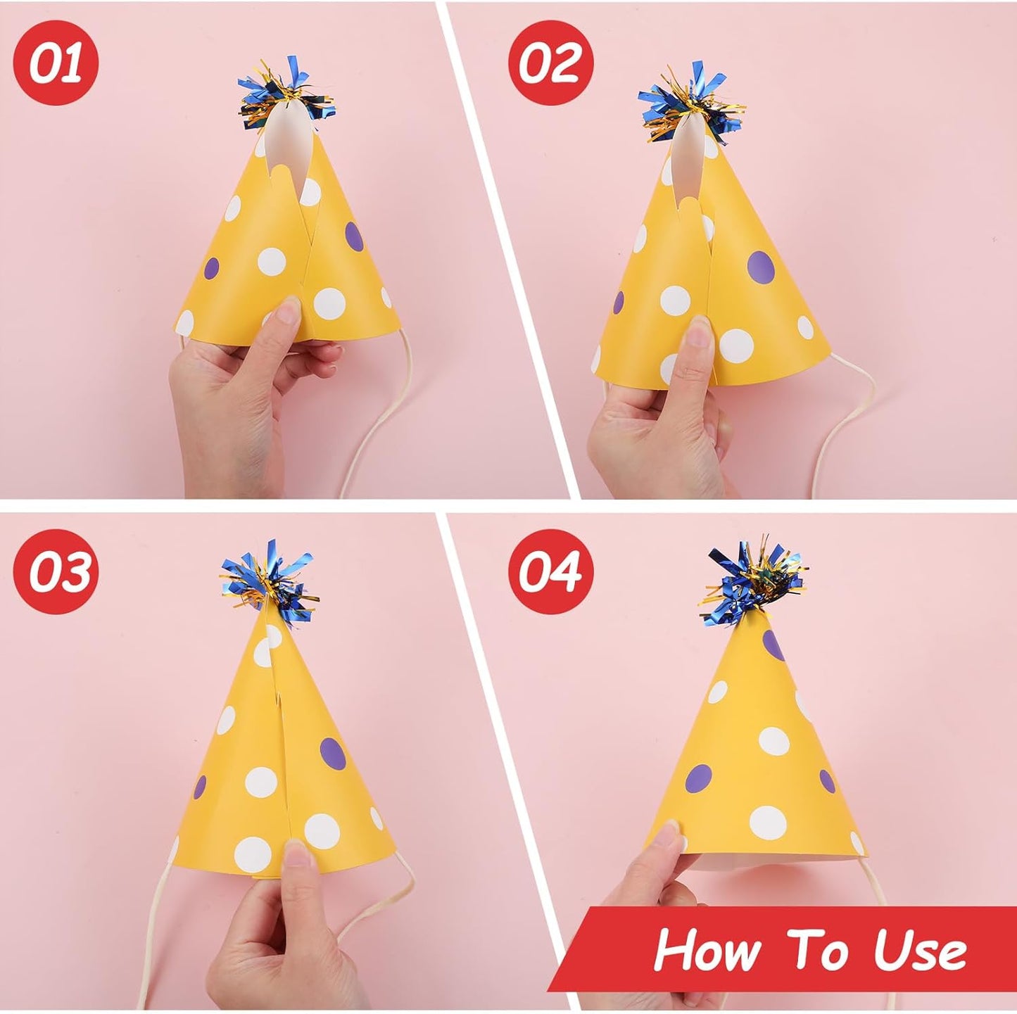 12 PCS Party Hats, Birthday Paper Cone Hat with Glitter Pompoms, Paper Party Headwear for Adults Kids Celebration