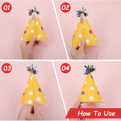 12 PCS Party Hats, Birthday Paper Cone Hat with Glitter Pompoms, Paper Party Headwear for Adults Kids Celebration