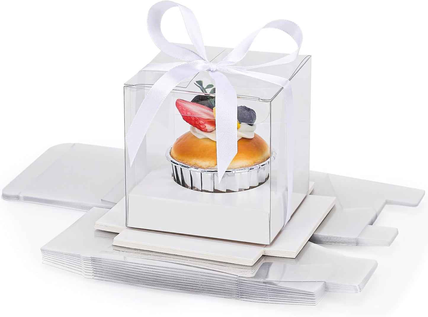 EUSOAR Individual Cupcake Holder, 50pcs 3.5 Inch Plastic Black Cupcake Containers with Lids, Single Transparent Display Clear Cupcake Carrier with Ribbon and Inserts for Wedding Party Favor