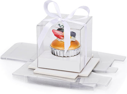 EUSOAR Individual Cupcake Holder, 50pcs 3.5 Inch Plastic Black Cupcake Containers with Lids, Single Transparent Display Clear Cupcake Carrier with Ribbon and Inserts for Wedding Party Favor