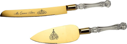 Lassos Boutique Mis Quince Años Quinceanera Cake Serving and Knife Set, Sweet 15 Birthday Cake Cutting Set, Feliz 15 Anos Decoration, Acrylic Handle, Stainless Steel (Gold)