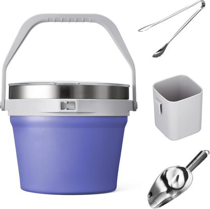 COKTIK 7L Vacuum Insulated Ice Bucket with Lid and Scoop& Tongs，Large capacity Stainless Steel Beverage Bucket for Cocktail, Champagne, Wine, Beer，Large Parties（Milk White Suit）