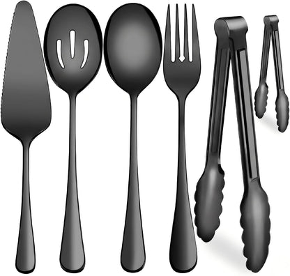 Serving Utensils, XEVOM 6-Piece Stainless Steel Serving Utensil Set Include Serving Spoon, Slotted Serving Spoon, Serving Fork,Serving Tong, Appetizers Tong,Pie Server (Silver), Regular