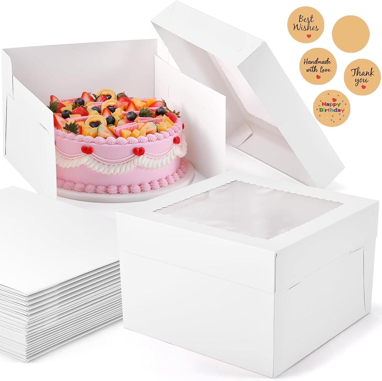 12Pcs 8x8x8 Inches Cake Boxes, Pink Square Bakery Boxes with Window, Disposable Cake Carrier Container for Pastries, Pie, Cookies, Chocolates, Cupcakes, Birthday Party, Wedding