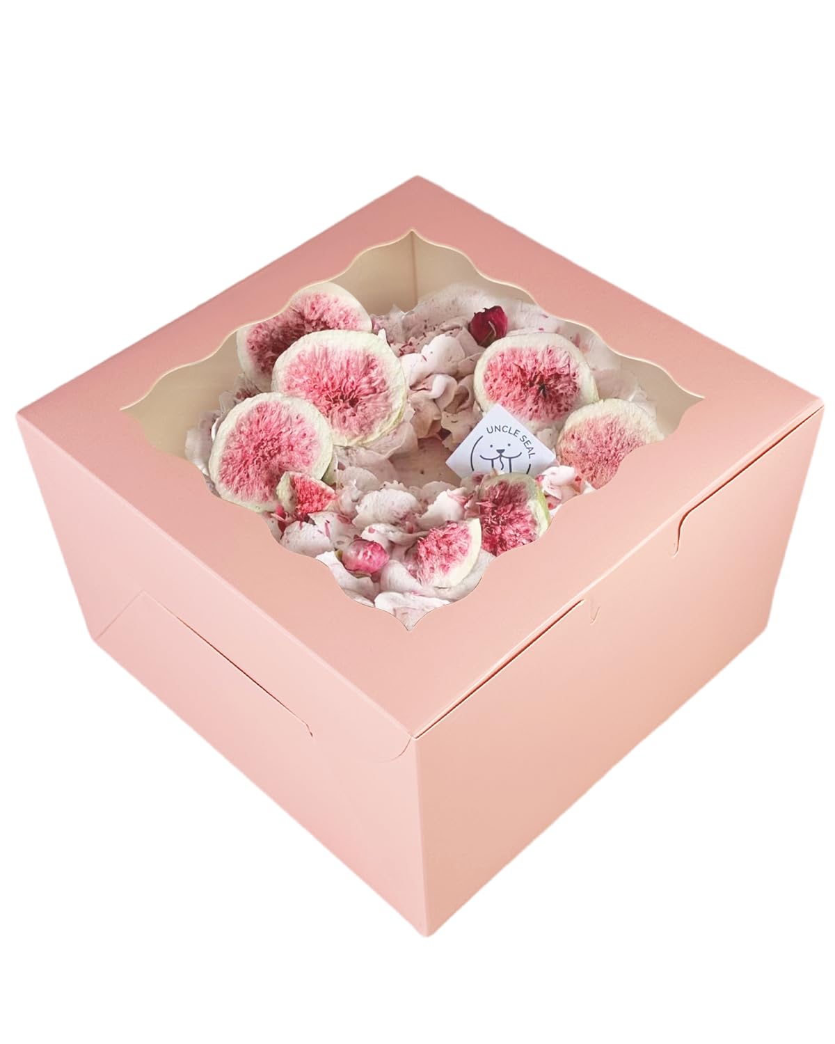 qiqee 10x10x5 Cake Box, 4 Sets Pink Cake Box with Window ＆ 4 Sets 10" Pink Cake Round Boards, 10inch Cake Containers